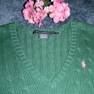 RALPH LAUREN SPORT Green Purple Pony V-Neck Cable